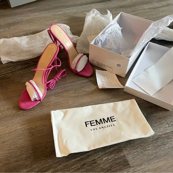 NWT Femme Barely There Lace Up Sandals in Deep Pink as seen on Hailey Bieber