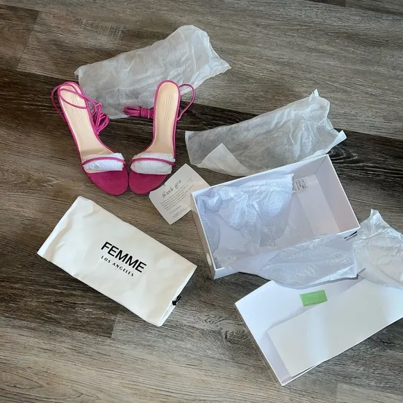 NWT Femme Barely There Lace Up Sandals in Deep Pink as seen on Hailey Bieber