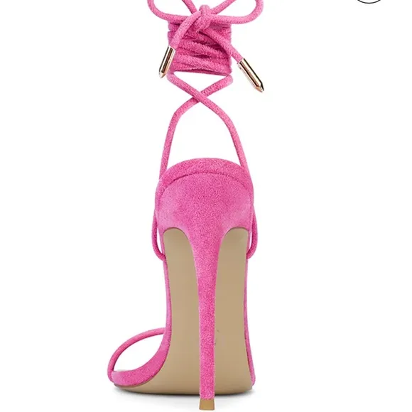 NWT Femme Barely There Lace Up Sandals in Deep Pink as seen on Hailey Bieber