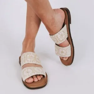 NWT Free People NEW IN BOX crochet cream sandals slip on tan/cream Sz 37.5 / 7.5