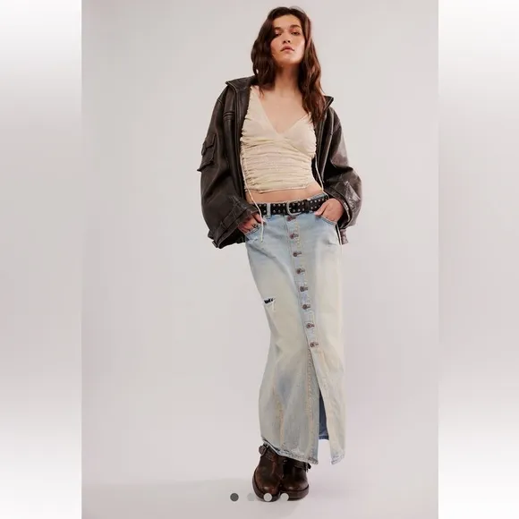 NWT FREE PEOPLE Patsy Long Line Denim Skirt SX-27 Color-Dirty Kansas $168 MSRP