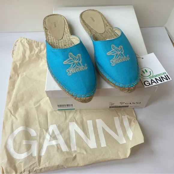 NWT Ganni embroidered espadrilles canvas aqua blue Aquarius starfish slippers