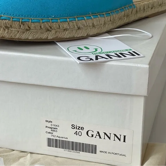 NWT Ganni embroidered espadrilles canvas aqua blue Aquarius starfish slippers