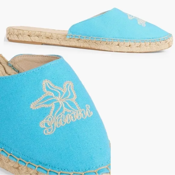 NWT Ganni embroidered espadrilles canvas aqua blue Aquarius starfish slippers