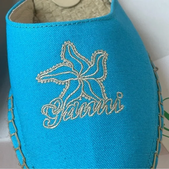 NWT Ganni embroidered espadrilles canvas aqua blue Aquarius starfish slippers