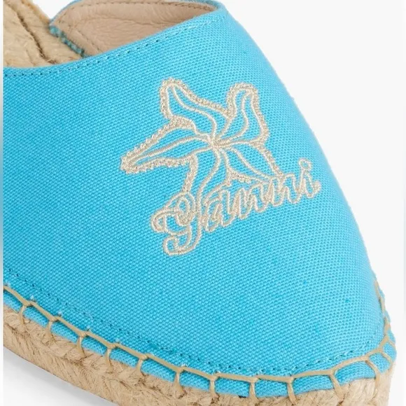 NWT Ganni embroidered espadrilles canvas aqua blue Aquarius starfish slippers