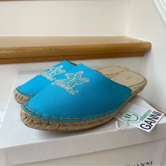 NWT Ganni embroidered espadrilles canvas aqua blue Aquarius starfish slippers