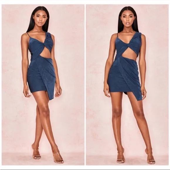 NWT HOUSE OF CB ‘Josephine’ Navy Silky Twist Drape Dress Size L 