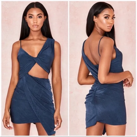 NWT HOUSE OF CB ‘Josephine’ Navy Silky Twist Drape Dress Size L 