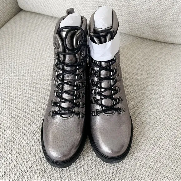 NWT Marc Fisher 100% Leather Silver Lanzia Leather Quilted Ankle Combat Boots