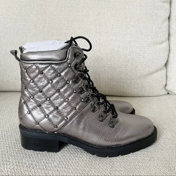 NWT Marc Fisher 100% Leather Silver Lanzia Leather Quilted Ankle Combat Boots