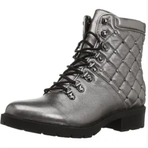 NWT Marc Fisher 100% Leather Silver Lanzia Leather Quilted Ankle Combat Boots