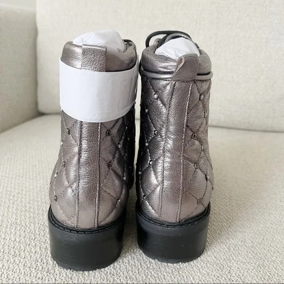 NWT Marc Fisher 100% Leather Silver Lanzia Leather Quilted Ankle Combat Boots