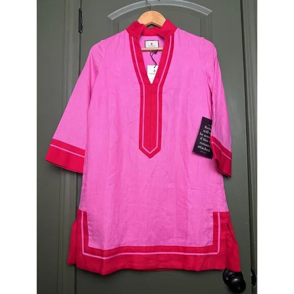 NWT Tuckernuck Pink and Poppy Red Collins Caftan Linen Coverup Mini Dress XXS