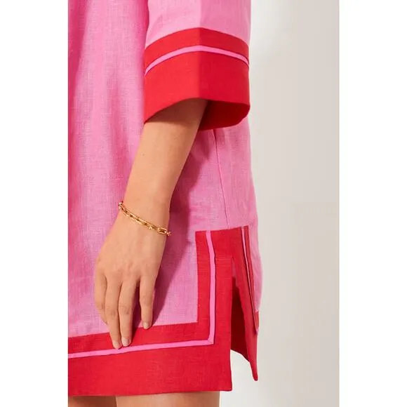 NWT Tuckernuck Pink and Poppy Red Collins Caftan Linen Coverup Mini Dress XXS