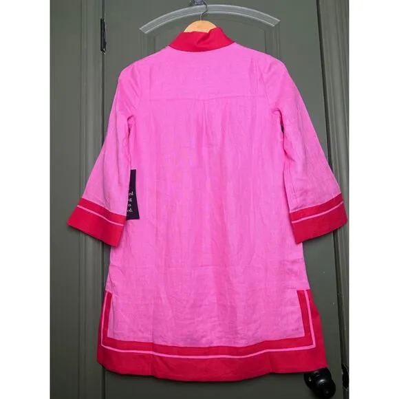NWT Tuckernuck Pink and Poppy Red Collins Caftan Linen Coverup Mini Dress XXS
