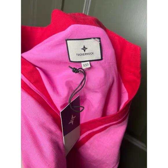 NWT Tuckernuck Pink and Poppy Red Collins Caftan Linen Coverup Mini Dress XXS
