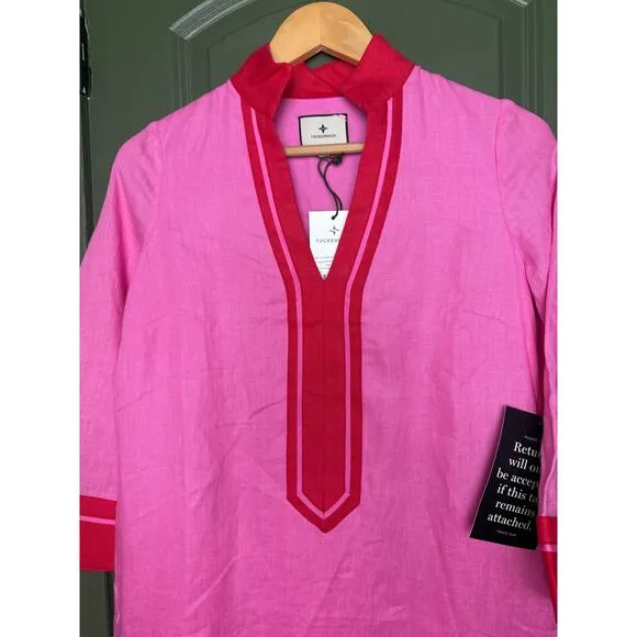 NWT Tuckernuck Pink and Poppy Red Collins Caftan Linen Coverup Mini Dress XXS