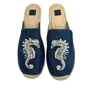 NWT WHBM Josi Denim Jewelled Seahorse Espadrille Slides Sz 10