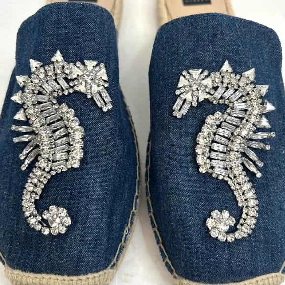NWT WHBM Josi Denim Jewelled Seahorse Espadrille Slides Sz 10
