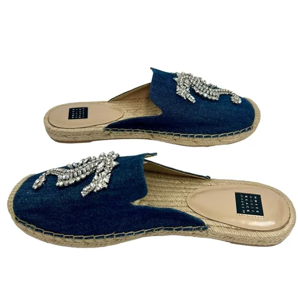 NWT WHBM Josi Denim Jewelled Seahorse Espadrille Slides Sz 10
