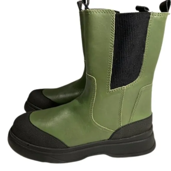 NWT ZARA Tall Leather Combat Style Ankle Boots High Low in Green and Black Sz 7