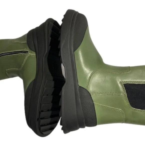 NWT ZARA Tall Leather Combat Style Ankle Boots High Low in Green and Black Sz 7