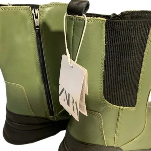 NWT ZARA Tall Leather Combat Style Ankle Boots High Low in Green and Black Sz 7