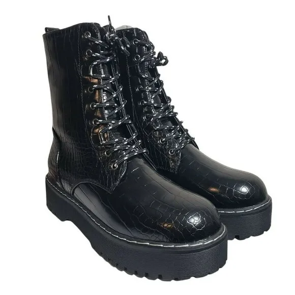 Olivia Miller Womens Freya Black Croc Print Lug Sole Lace Up Combat Boots Sz 10