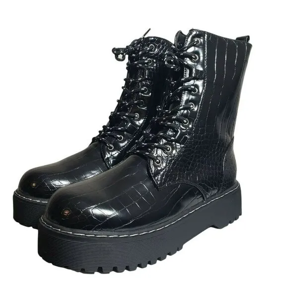 Olivia Miller Womens Freya Black Croc Print Lug Sole Lace Up Combat Boots Sz 10