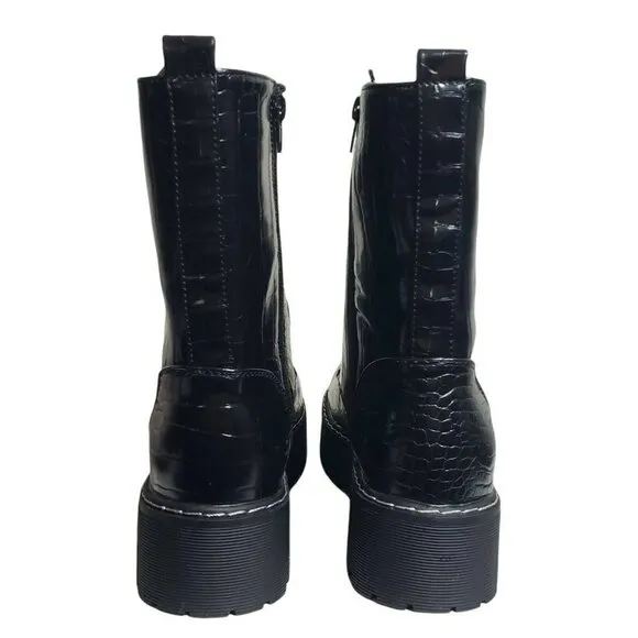 Olivia Miller Womens Freya Black Croc Print Lug Sole Lace Up Combat Boots Sz 10