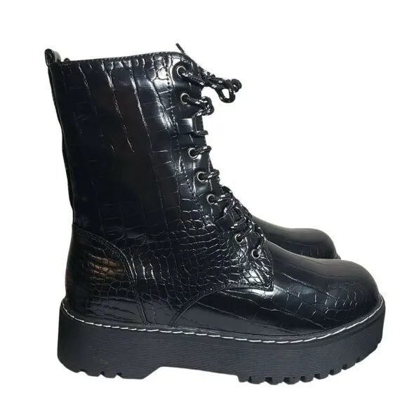 Olivia Miller Womens Freya Black Croc Print Lug Sole Lace Up Combat Boots Sz 10