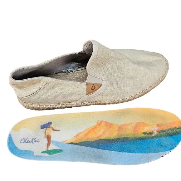 OluKai Kaula Pa'a Kapa Espadrilles Linen Slip On Womens US 8.5 Tan AA0286-104