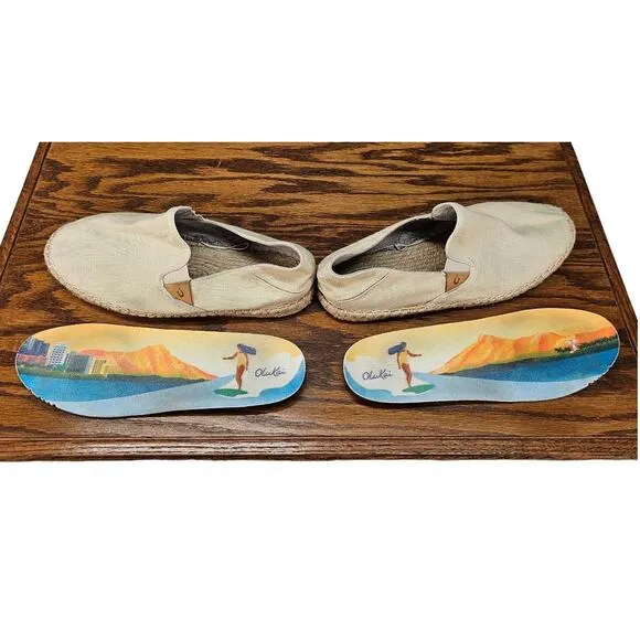 OluKai Kaula Pa'a Kapa Espadrilles Linen Slip On Womens US 8.5 Tan AA0286-104