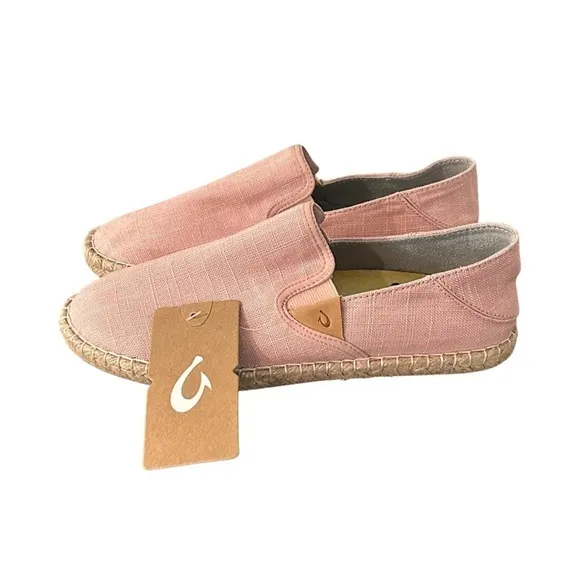 OLUKAI Kaula Pa'a Kapa Women's Espadrilles, Linen Slip-On Shoes- Pink