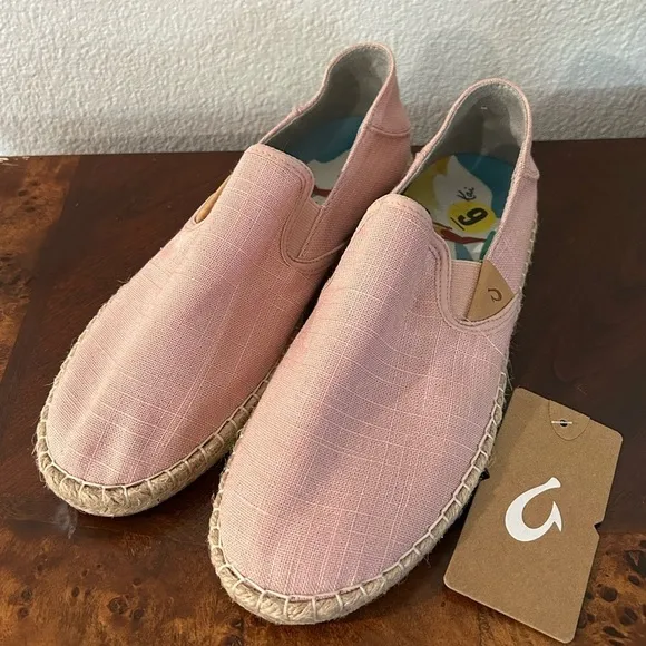 OLUKAI Kaula Pa'a Kapa Women's Espadrilles, Linen Slip-On Shoes- Pink
