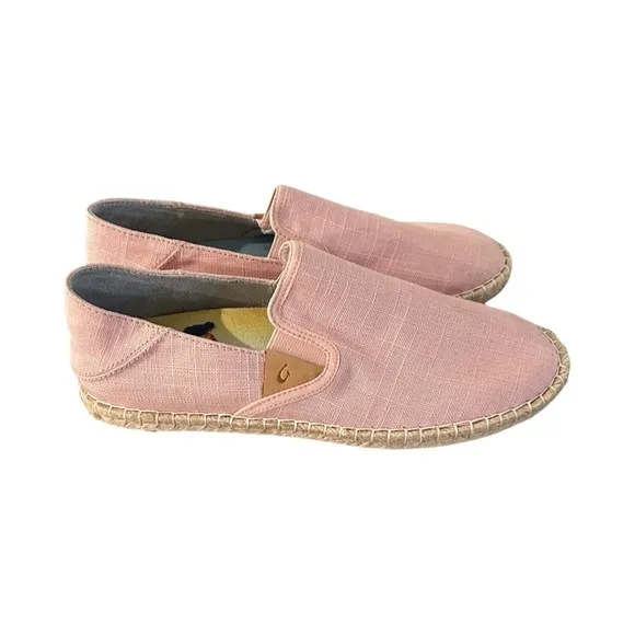 OLUKAI Kaula Pa'a Kapa Women's Espadrilles, Linen Slip-On Shoes- Pink