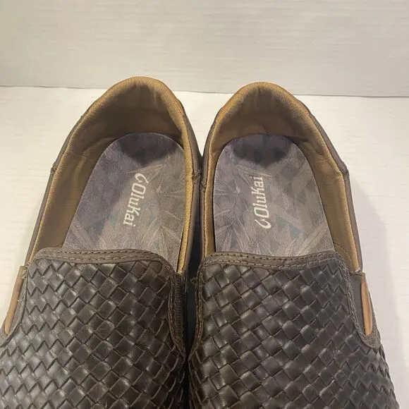 Olukai Laeahi Lauhala Men’s Slip On Loafers 15 Brown Woven Leather Comfort Shoes