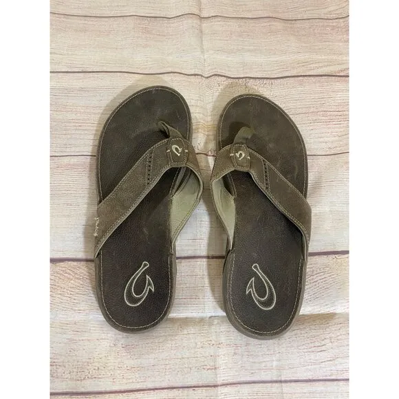Olukai Nui Men's Brown Leather Slip On Hawaiian Sandals - M 12