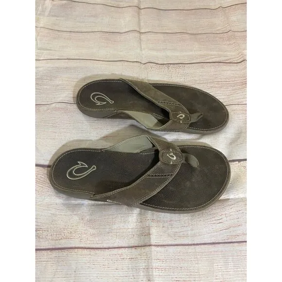 Olukai Nui Men's Brown Leather Slip On Hawaiian Sandals - M 12