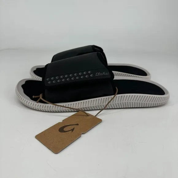 Olukai Ulele 'Olu Sandals Men's 13 Black Slides Slip On Hook Loop Strap NEW