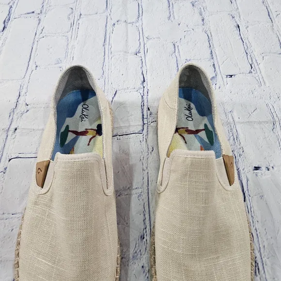 OLUKAI WOMENS SIZE 9.5 Kaula Pa'a Kapa Linen Espadrilles Beige Tapa Shoes
