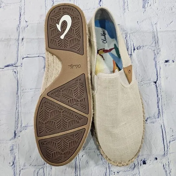 OLUKAI WOMENS SIZE 9.5 Kaula Pa'a Kapa Linen Espadrilles Beige Tapa Shoes