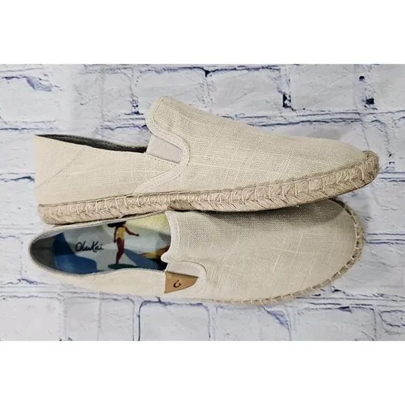 OLUKAI WOMENS SIZE 9.5 Kaula Pa'a Kapa Linen Espadrilles Beige Tapa Shoes