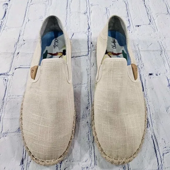 OLUKAI WOMENS SIZE 9.5 Kaula Pa'a Kapa Linen Espadrilles Beige Tapa Shoes