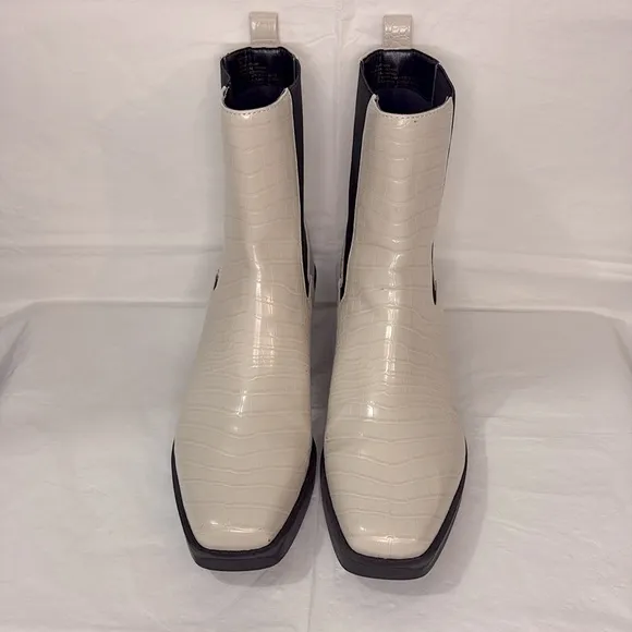 Open Edit Edayla Cream 10M Faux Croc-Embossed Ankle Heeled Chelsea Style Boots