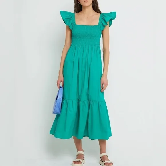 Opt / Tuscany Kelly green smocked tiered ruffle sleeve  maxi dress small s