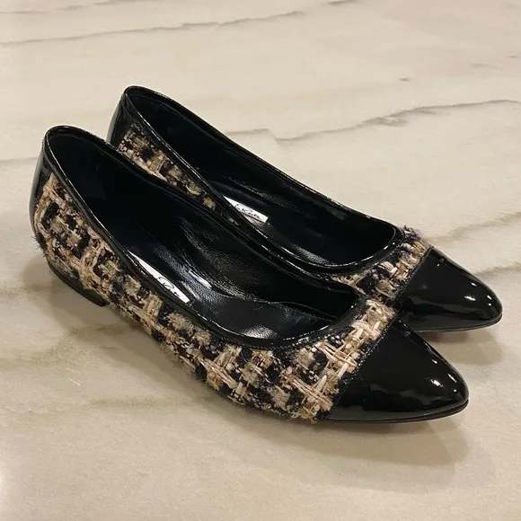 Oscar de la Renta Ballet Flats Size 38 Black Gold Tweed