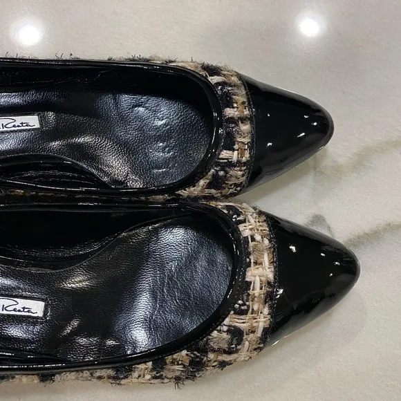 Oscar de la Renta Ballet Flats Size 38 Black Gold Tweed