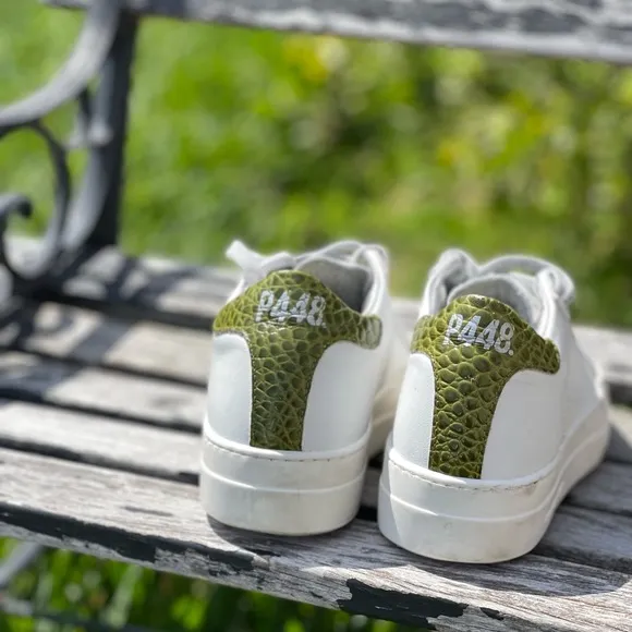 P448 Thea platform sneakers 37white Green Croc Embossed back logo $298 preowned